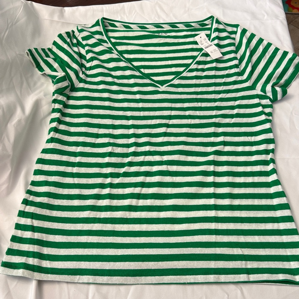 J. Crew Green and White Striped Linen Top